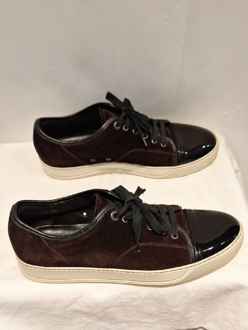 Lanvin Men's Brown Suede and Black Patent Leather Toe Cap Low-Top Sneakers